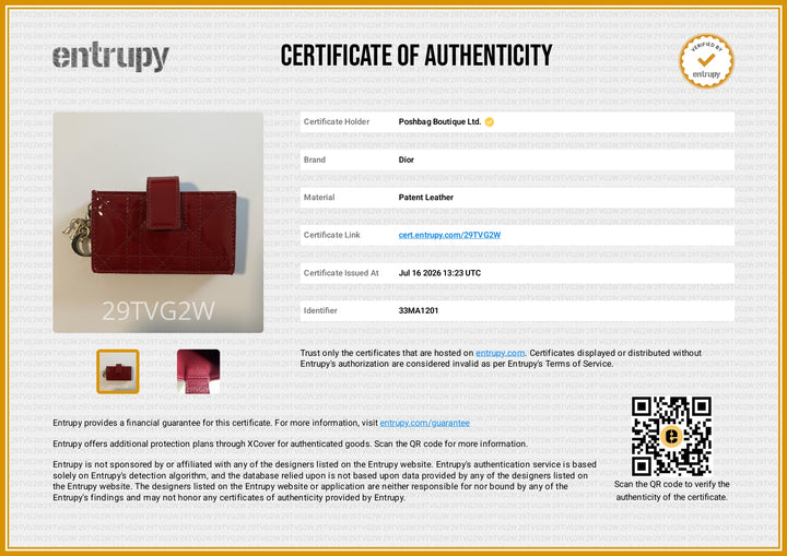 A CertiFai authenticity certificate for a red leather accessory, showing the Entrupy brand logo, product details, a small photo of the red item, and a QR code on a white certificate template with a gold border.