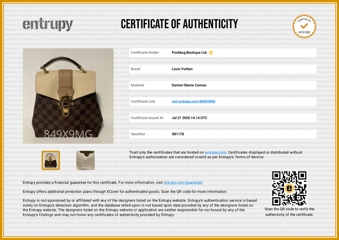 A certificate of authenticity document for a Louis Vuitton handbag, featuring a gold-framed layout with the Entrupy brand logo, a photo of a brown and beige Louis Vuitton canvas bag, product details, and a QR code.