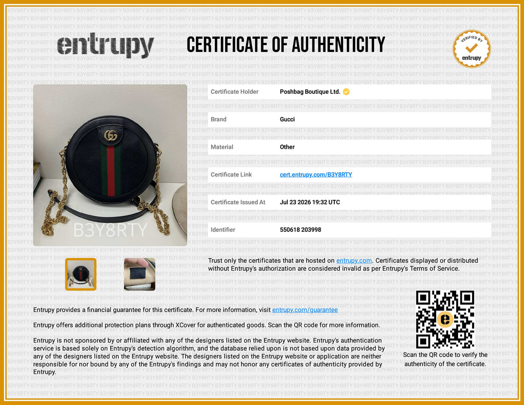 A certificate of authenticity document for a Gucci black leather handbag with a red and green center stripe and gold chain detailing, displayed alongside a product photo and Entropy authentication details.