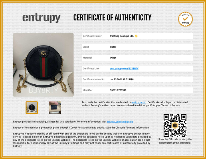A certificate of authenticity document for a Gucci black leather handbag with a red and green center stripe and gold chain detailing, displayed alongside a product photo and Entropy authentication details.
