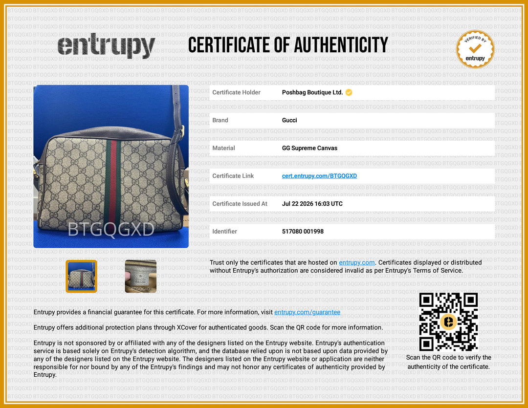 A certificate of authenticity document from Entrupy for a Gucci GG Supreme canvas handbag, featuring a photo of the bag, product details in a table, and QR codes.
