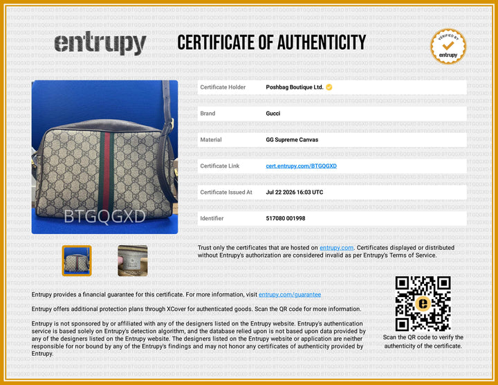 A certificate of authenticity document from Entrupy for a Gucci GG Supreme canvas handbag, featuring a photo of the bag, product details in a table, and QR codes.