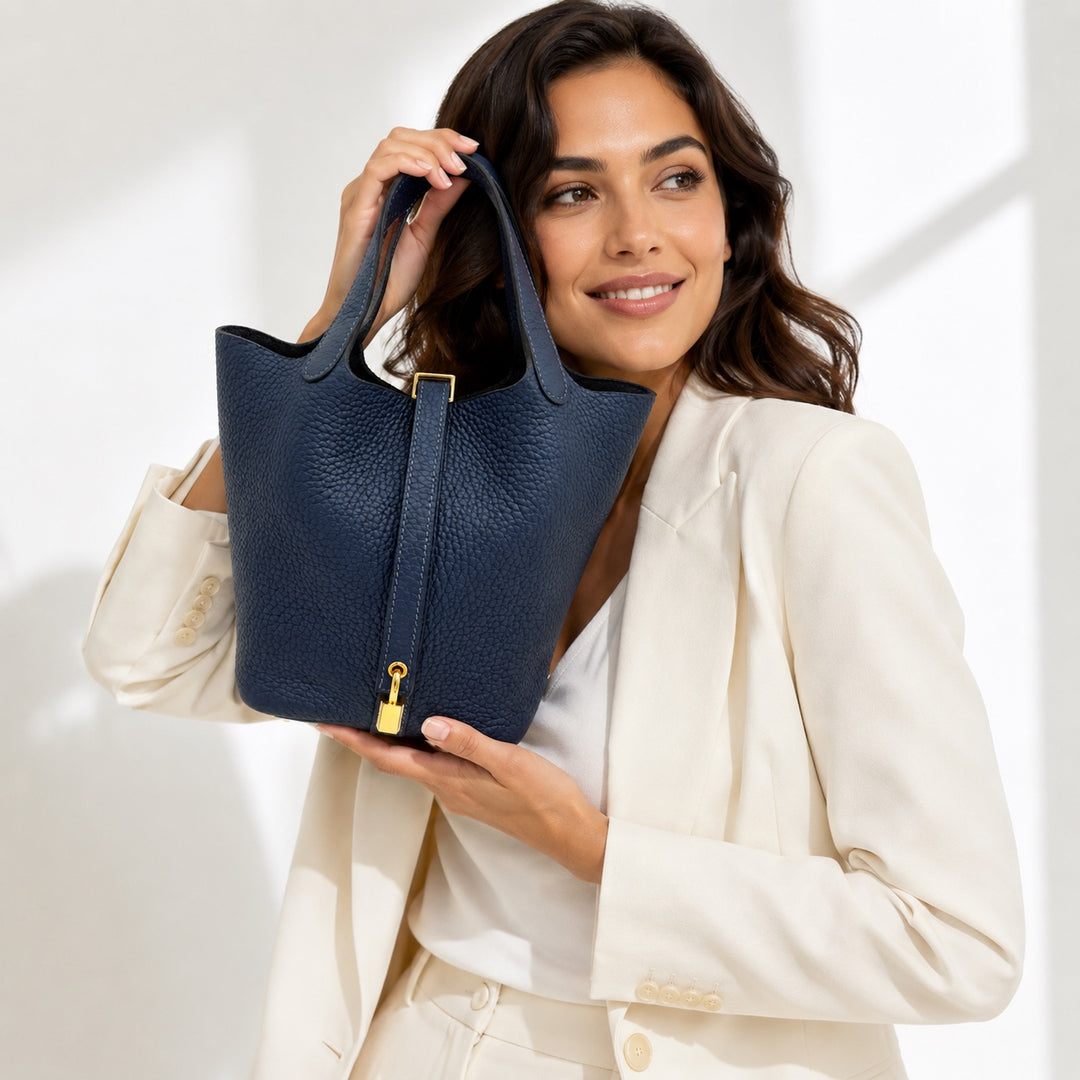 Picotin Lock 18 in Blue de Prusse Clemence Leather