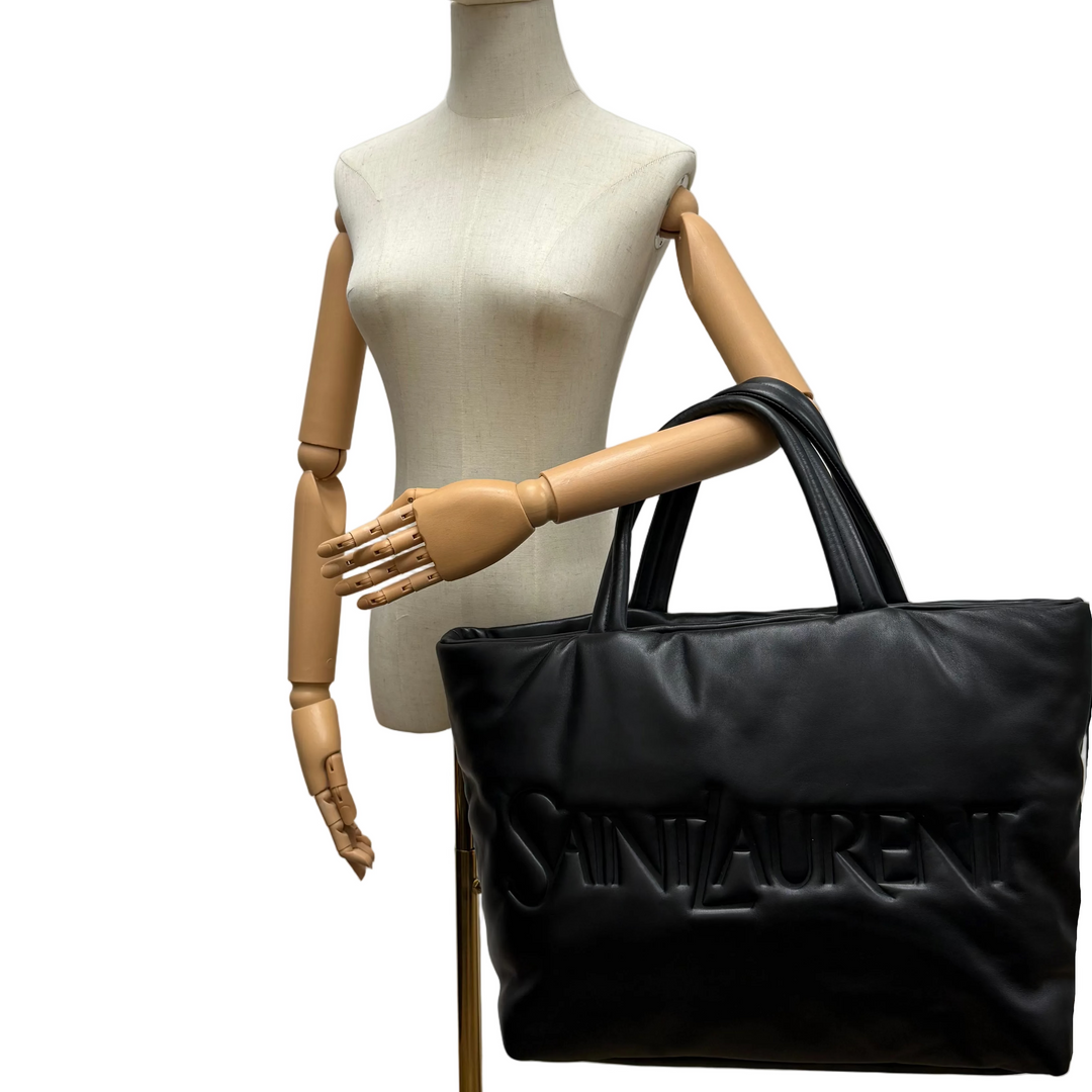 Saint Laurent Debossed Lambskin Black Leather Tote