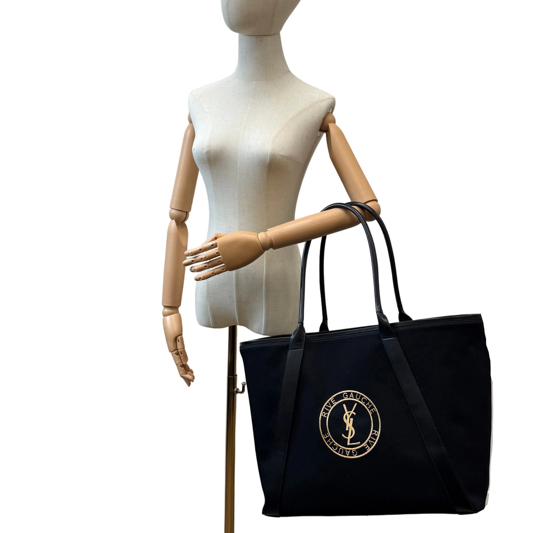 Rive Gauche Logo Embroidered Canvas & Leather Tote Bag