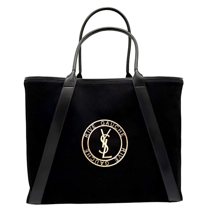 Rive Gauche Logo Embroidered Canvas & Leather Tote Bag