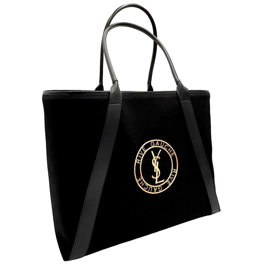 Rive Gauche Logo Embroidered Canvas & Leather Tote Bag