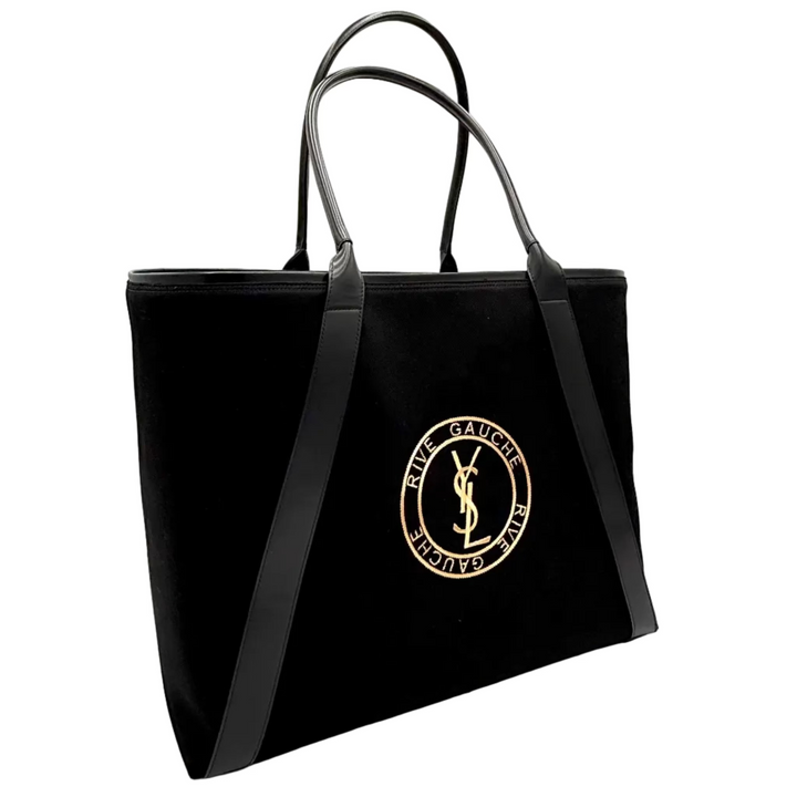 Rive Gauche Logo Embroidered Canvas & Leather Tote Bag