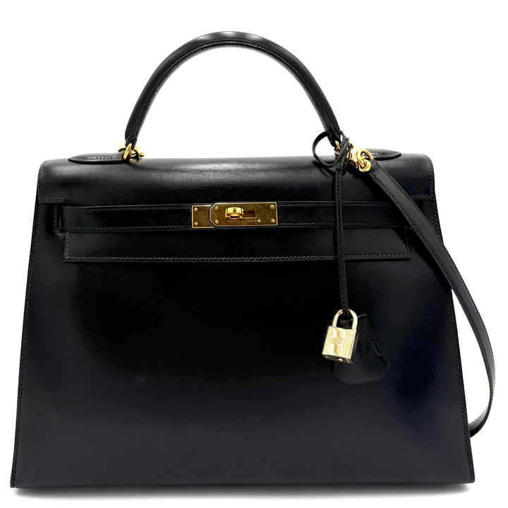 Kelly 32 Black Sellier Box Leather Bag with Gold Hardware