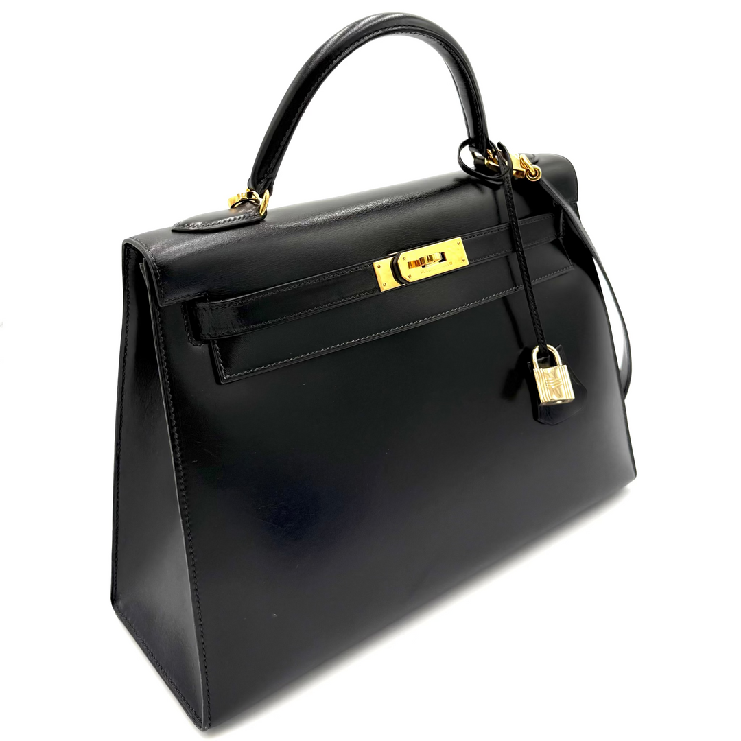 Kelly 32 Black Sellier Box Leather Bag with Gold Hardware