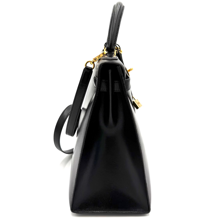 Kelly 32 Black Sellier Box Leather Bag with Gold Hardware