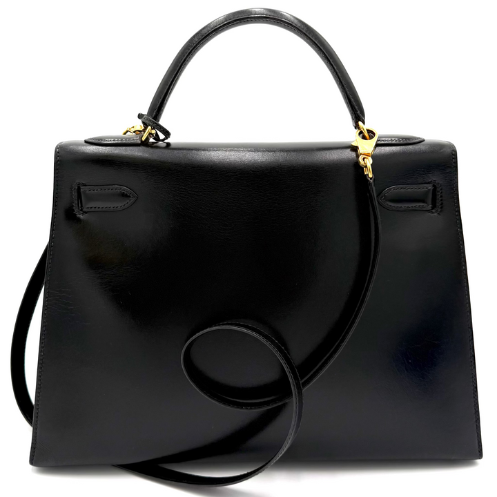 Kelly 32 Black Sellier Box Leather Bag with Gold Hardware