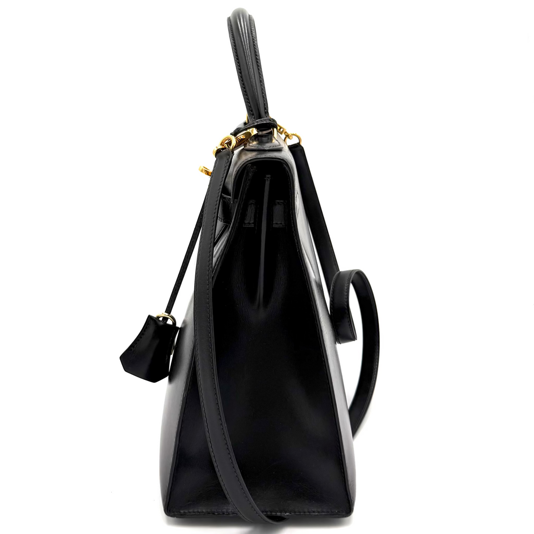 Kelly 32 Black Sellier Box Leather Bag with Gold Hardware