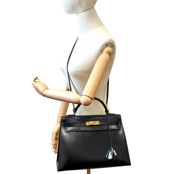 Kelly 32 Black Sellier Box Leather Bag with Gold Hardware