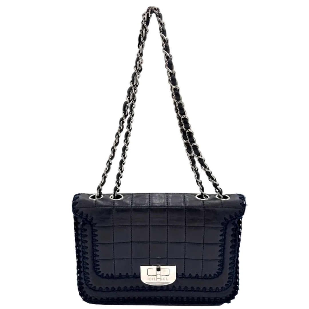 Chocolate Bar Aged Calfskin Whipstitch Navy Leather Mademoiselle Bag