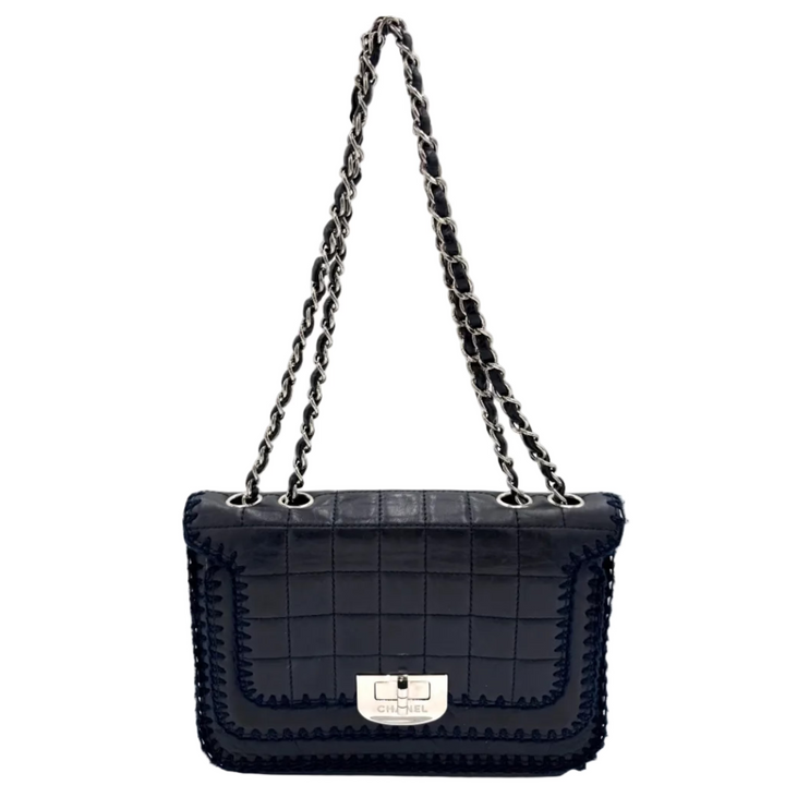 Chocolate Bar Aged Calfskin Whipstitch Navy Leather Mademoiselle Bag