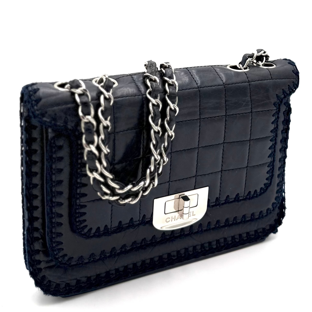 Chocolate Bar Aged Calfskin Whipstitch Navy Leather Mademoiselle Bag