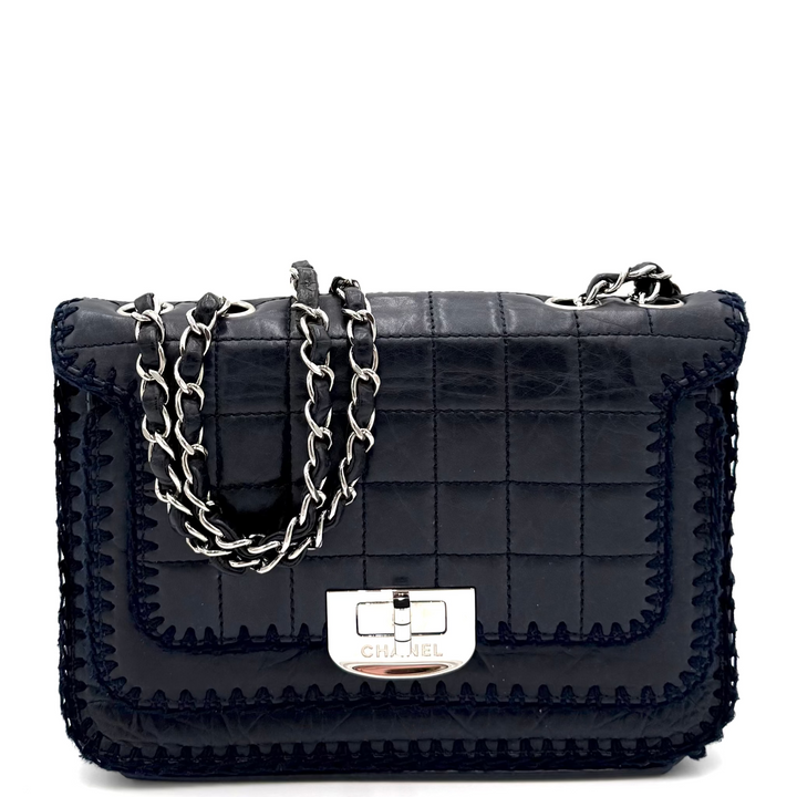 Chocolate Bar Aged Calfskin Whipstitch Navy Leather Mademoiselle Bag