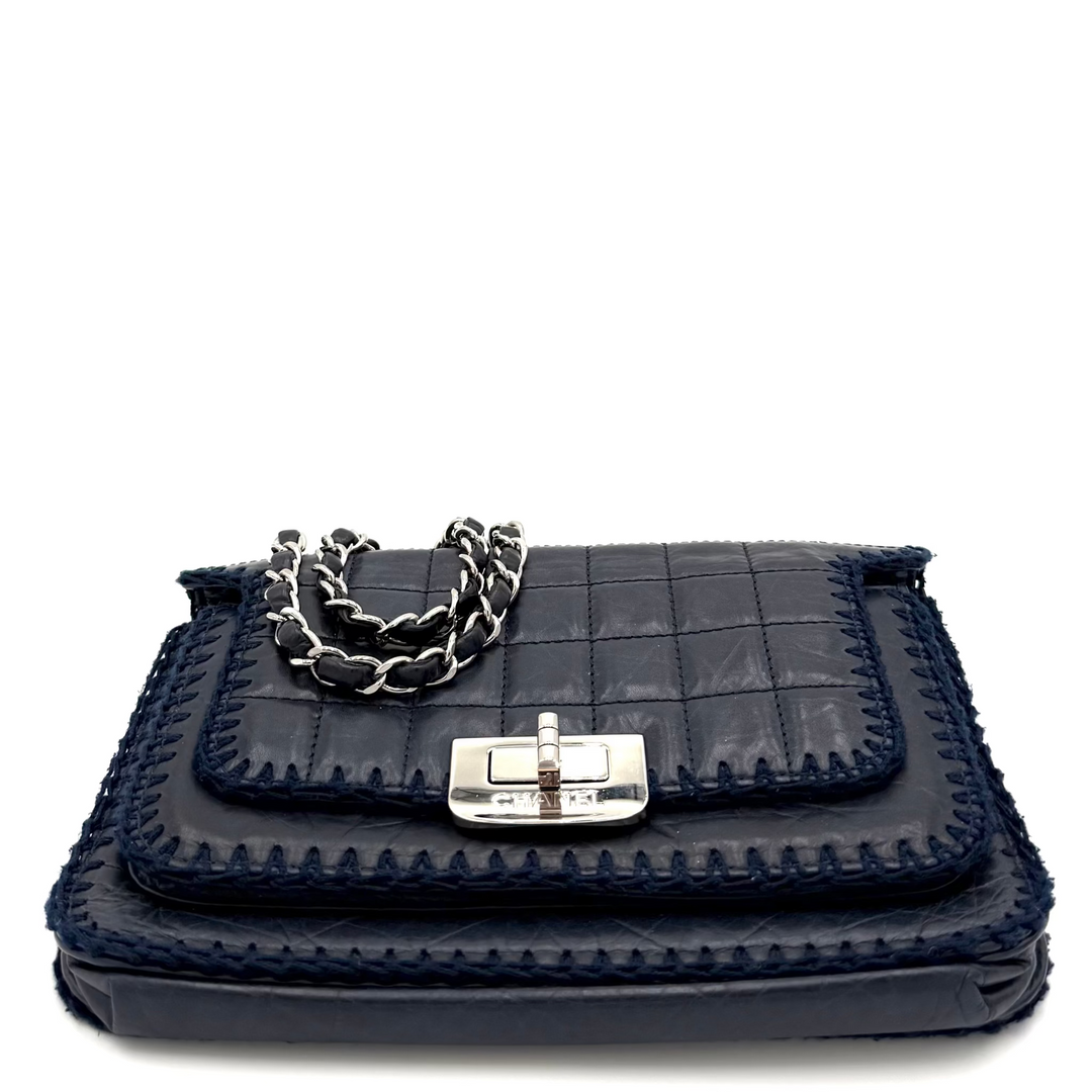 Chocolate Bar Aged Calfskin Whipstitch Navy Leather Mademoiselle Bag
