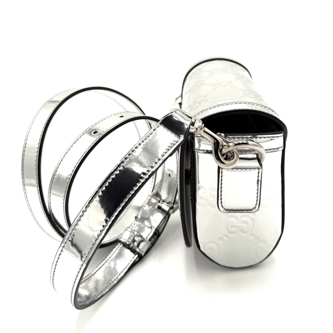 Embossed GG Mini Metallic Silver Leather Bag