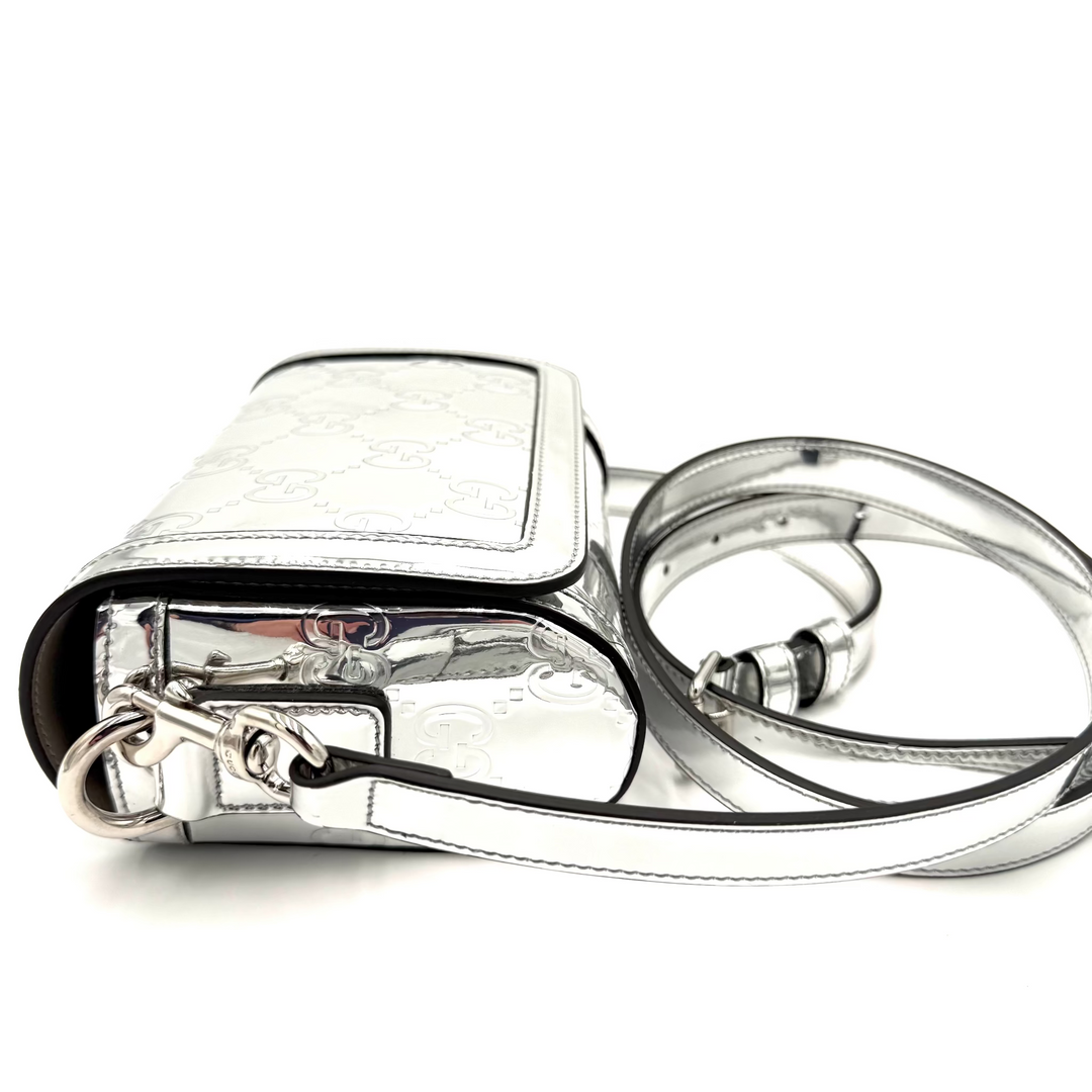 Embossed GG Mini Metallic Silver Leather Bag