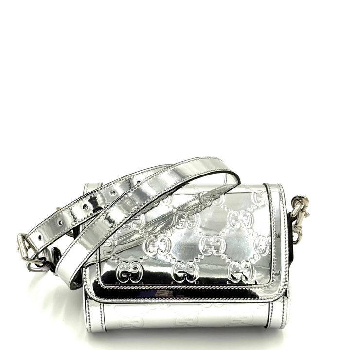 Embossed GG Mini Metallic Silver Leather Bag