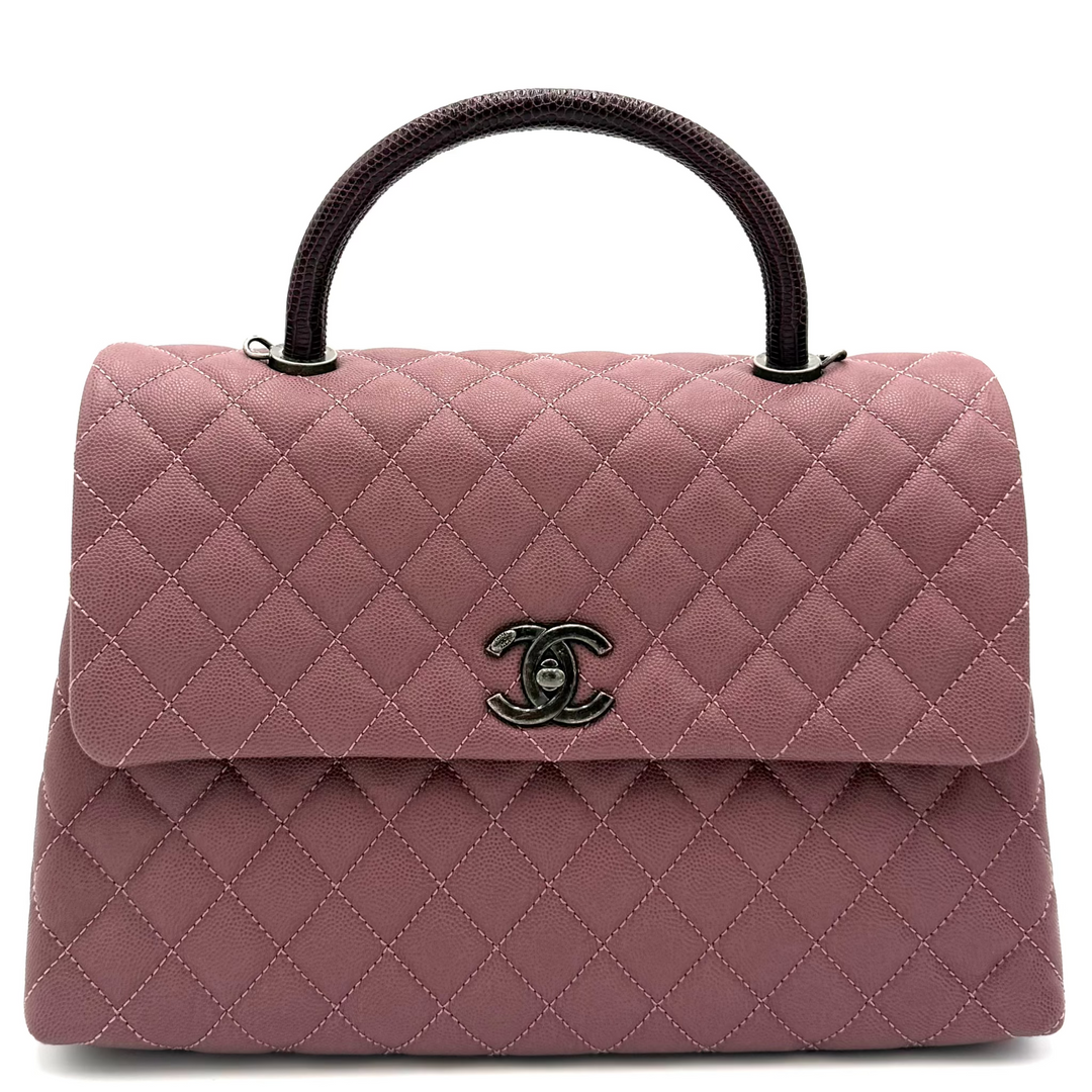 Pink Coco Handle Medium Caviar Leather and Lizard Handle Bag