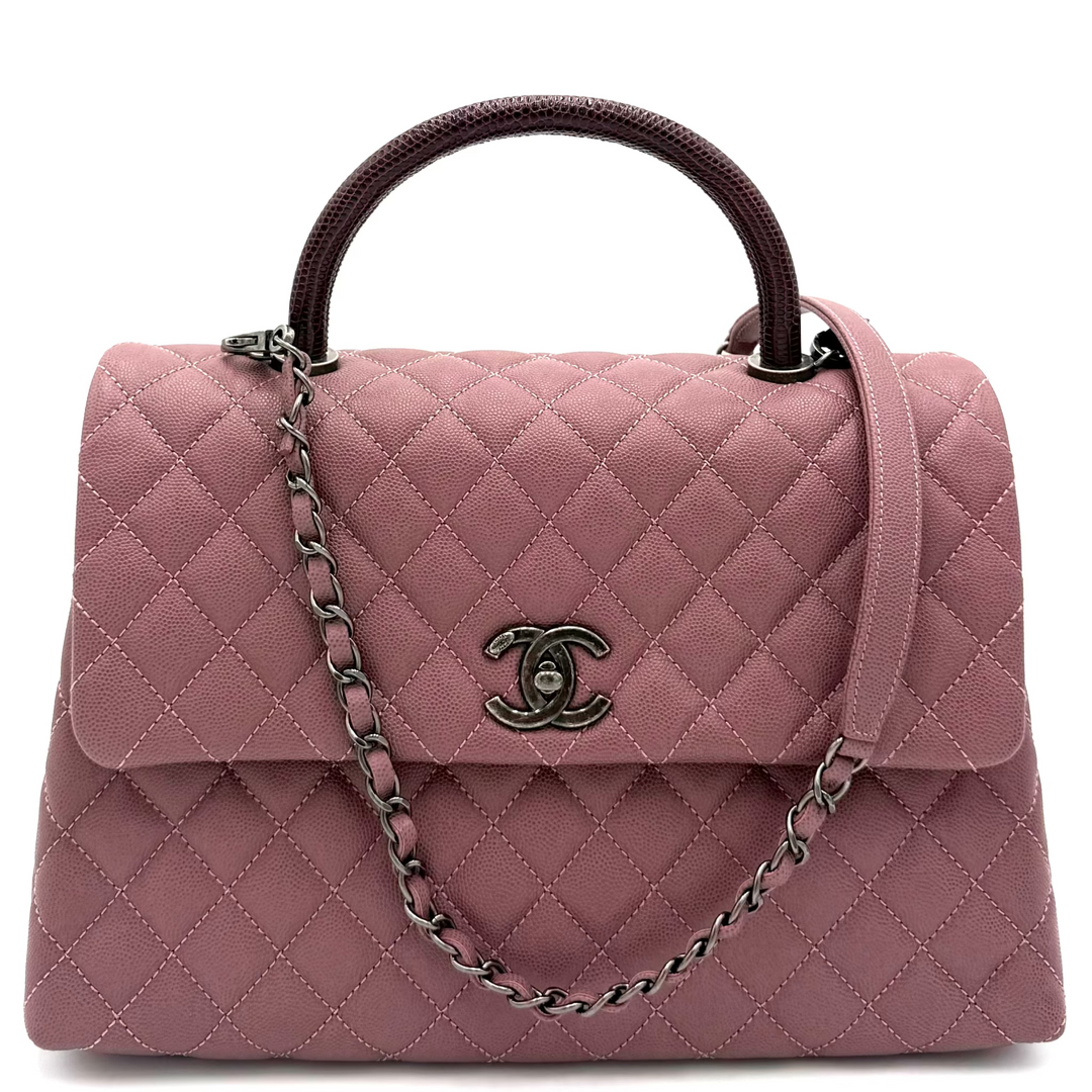 Pink Coco Handle Medium Caviar Leather and Lizard Handle Bag