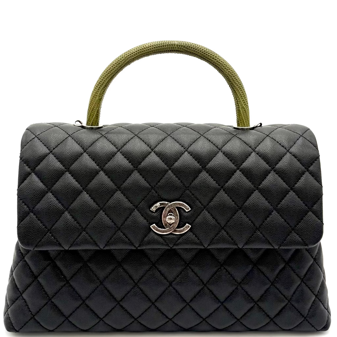 Black Coco Handle Medium Caviar Leather and Lizard Handle Bag
