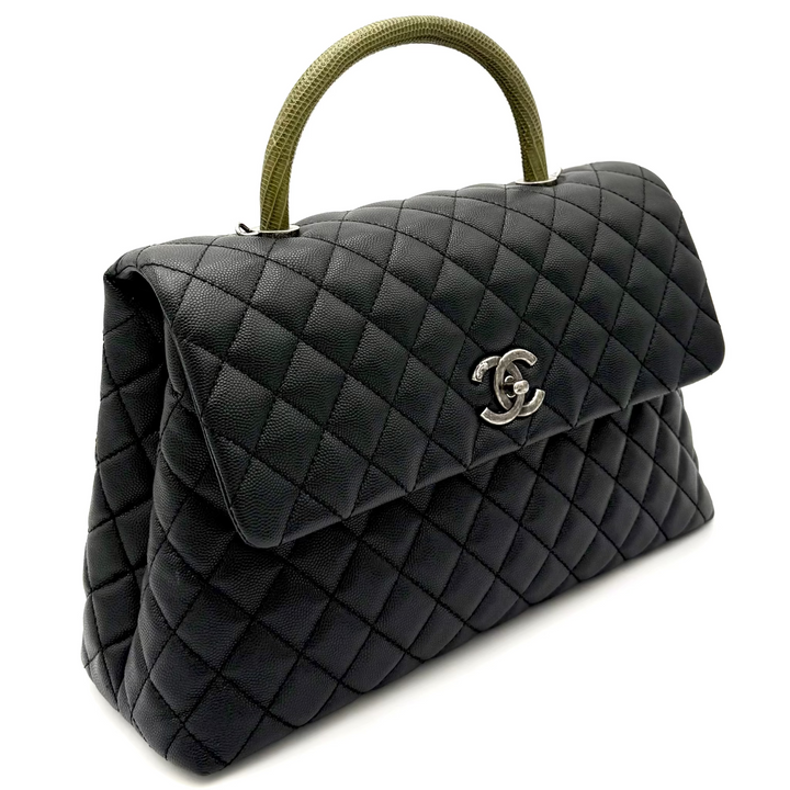 Black Coco Handle Medium Caviar Leather and Lizard Handle Bag