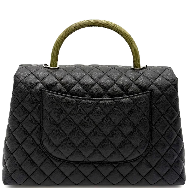 Black Coco Handle Medium Caviar Leather and Lizard Handle Bag