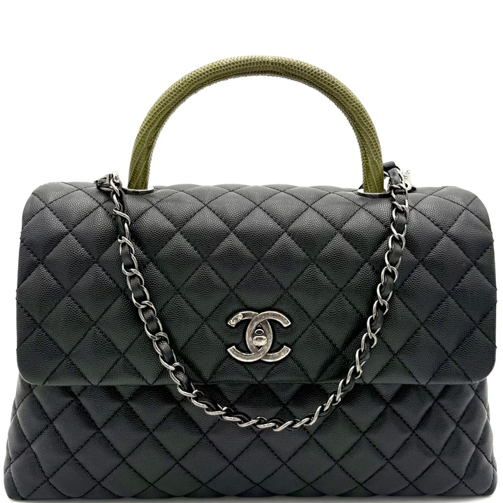 Black Coco Handle Medium Caviar Leather and Lizard Handle Bag