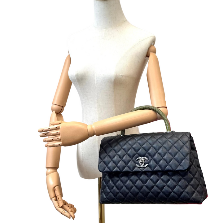 Black Coco Handle Medium Caviar Leather and Lizard Handle Bag