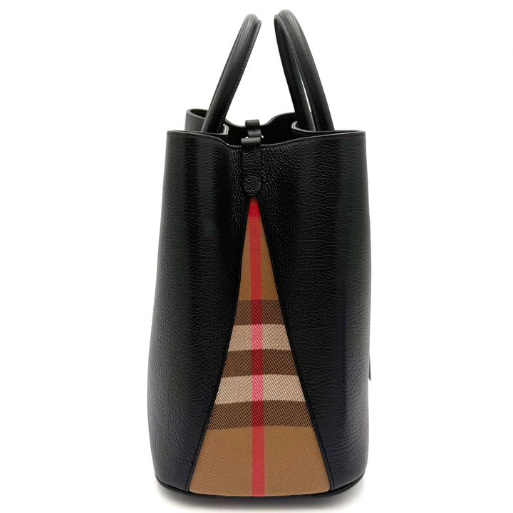Bermondsey Black Leather Tote with Canvas House Check Side Panels
