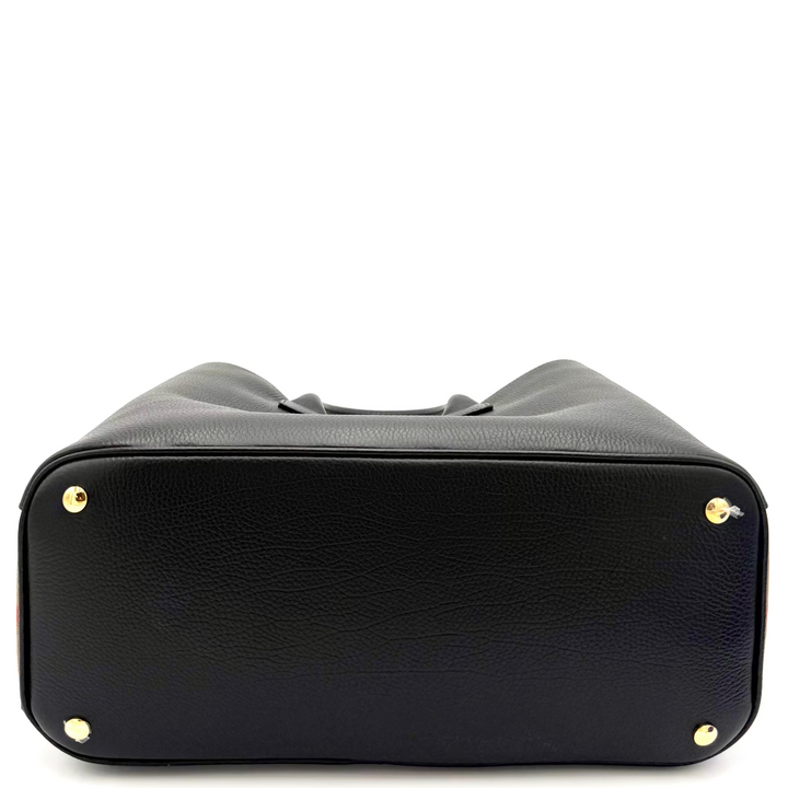 Bermondsey Black Leather Tote with Canvas House Check Side Panels