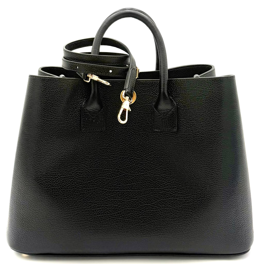 Bermondsey Black Leather Tote with Canvas House Check Side Panels