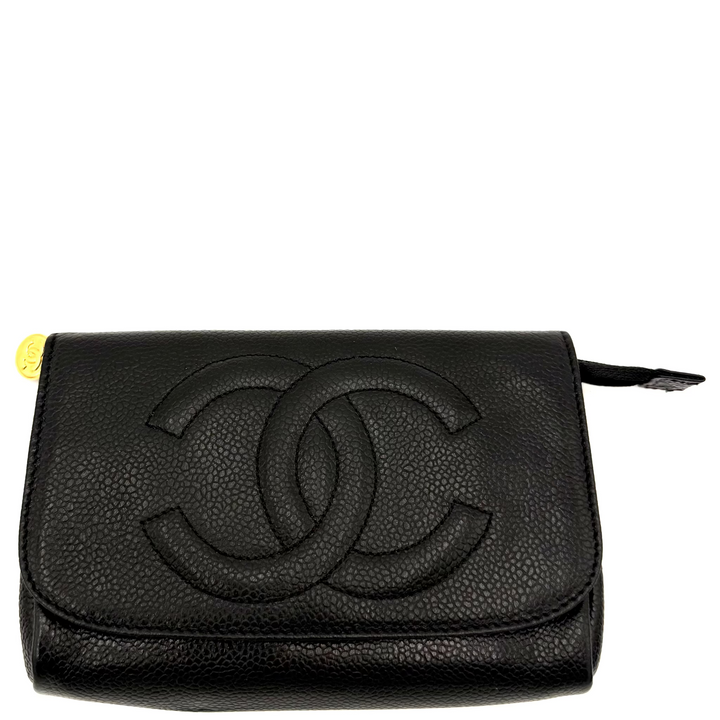 Vintage Caviar Leather Clutch Pouch With Mirror