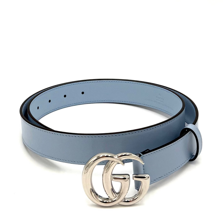 GG Marmont Leather Belt in Baby Blue With Silver Double G Buckle