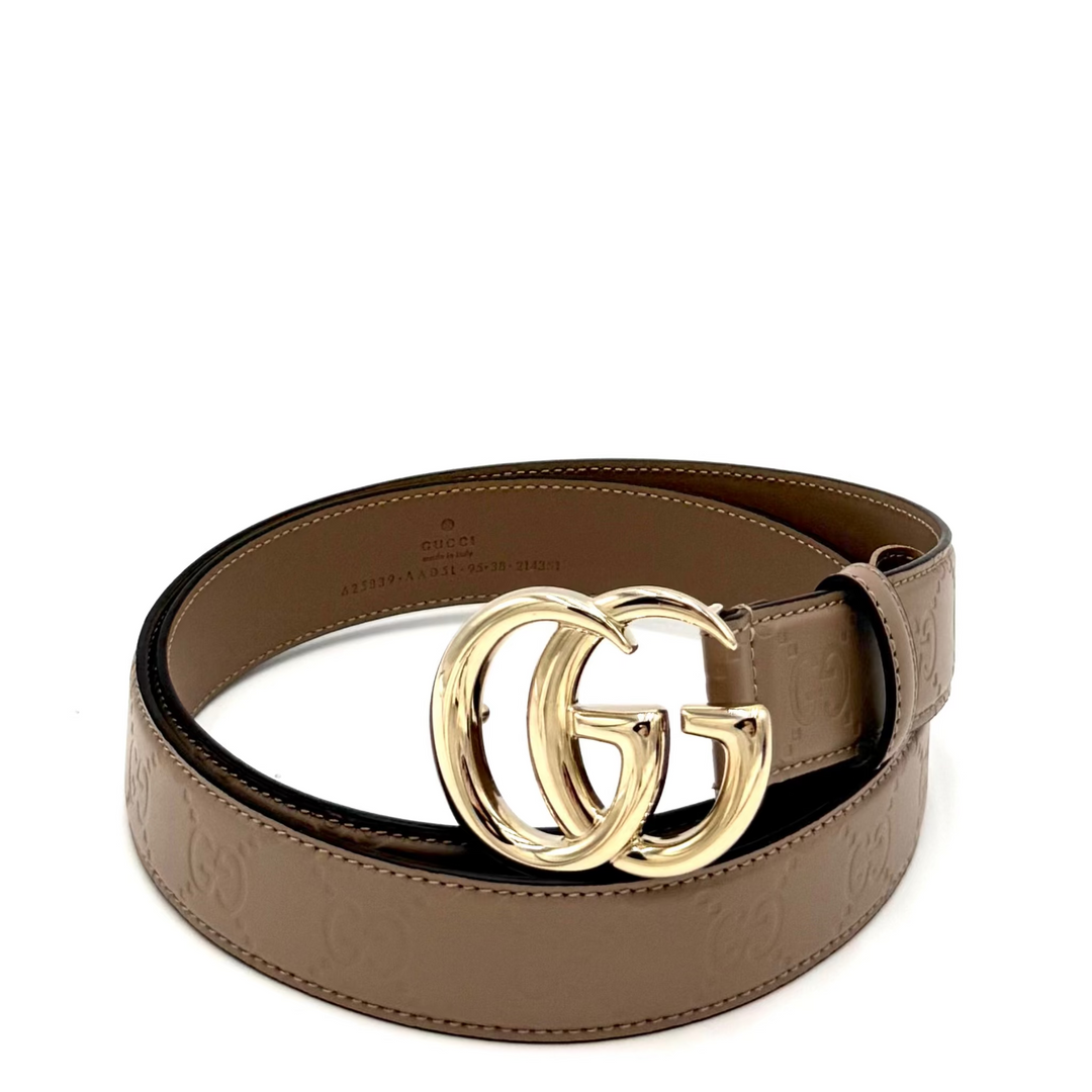 GG Marmont Leather Belt in Beige Leather & Gold Double G Buckle