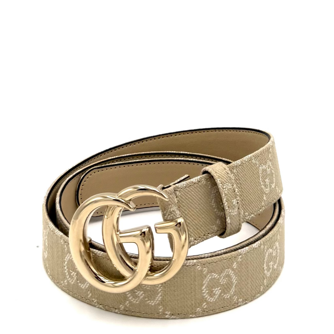 GG Marmont Monogram Beige Canvas Belt With Gold Tone GG Buckle