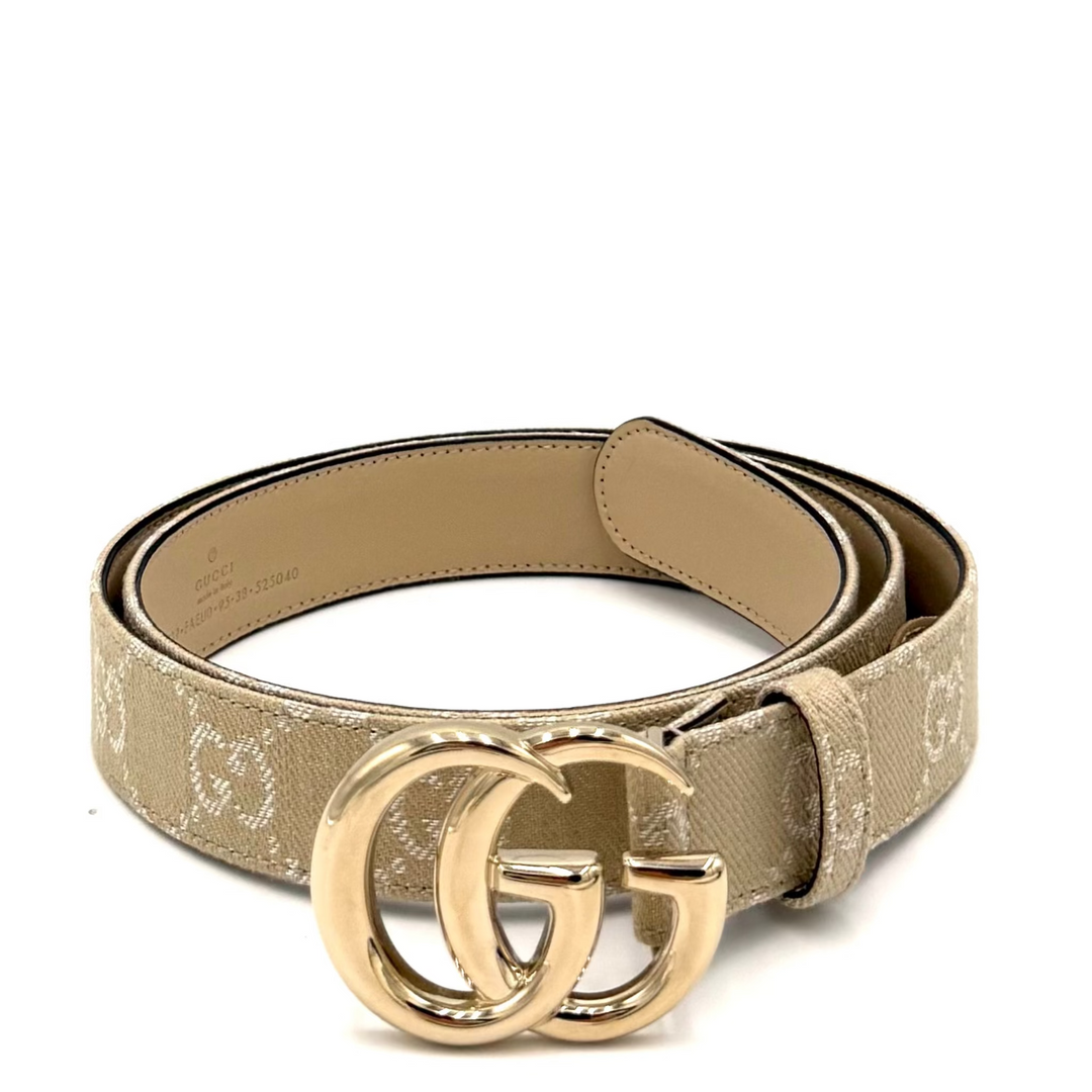 GG Marmont Monogram Beige Canvas Belt With Gold Tone GG Buckle