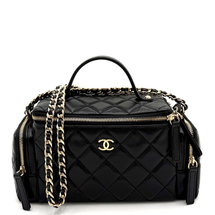 Multi Pocket Top Handle Lambskin Leather Vanity Bag