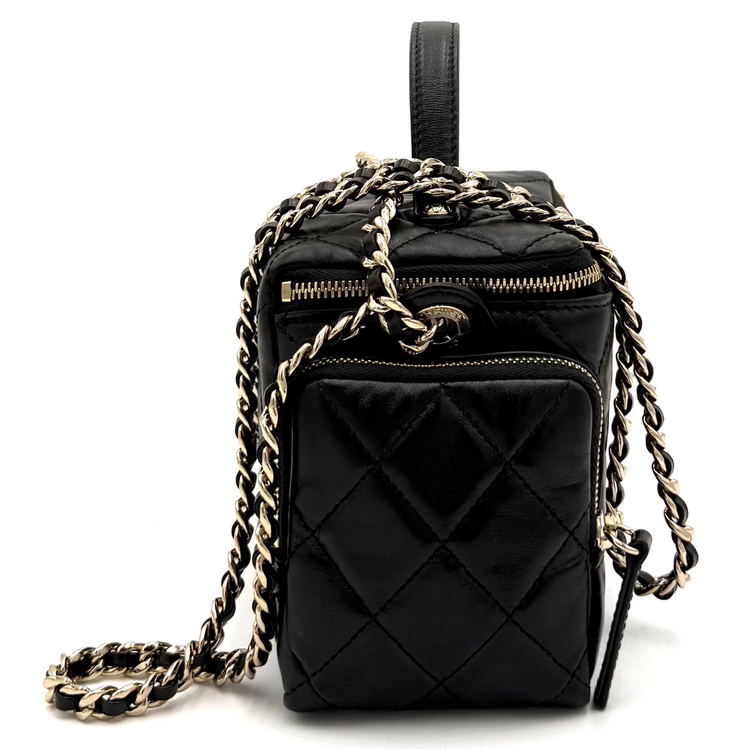Multi Pocket Top Handle Lambskin Leather Vanity Bag