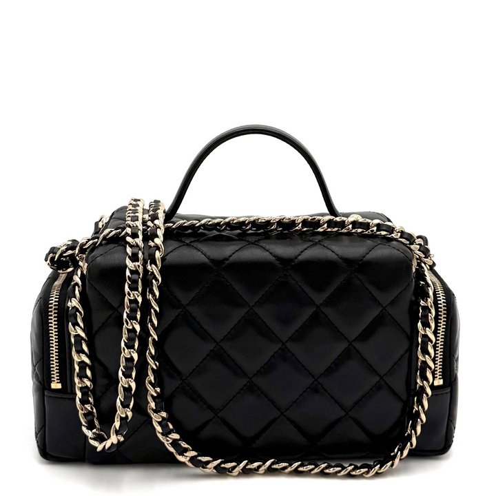 Multi Pocket Top Handle Lambskin Leather Vanity Bag