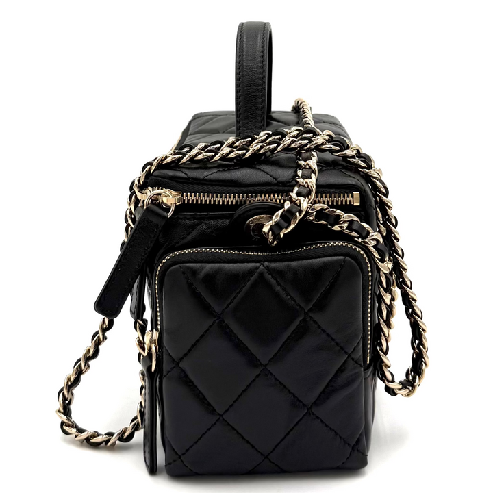 Multi Pocket Top Handle Lambskin Leather Vanity Bag
