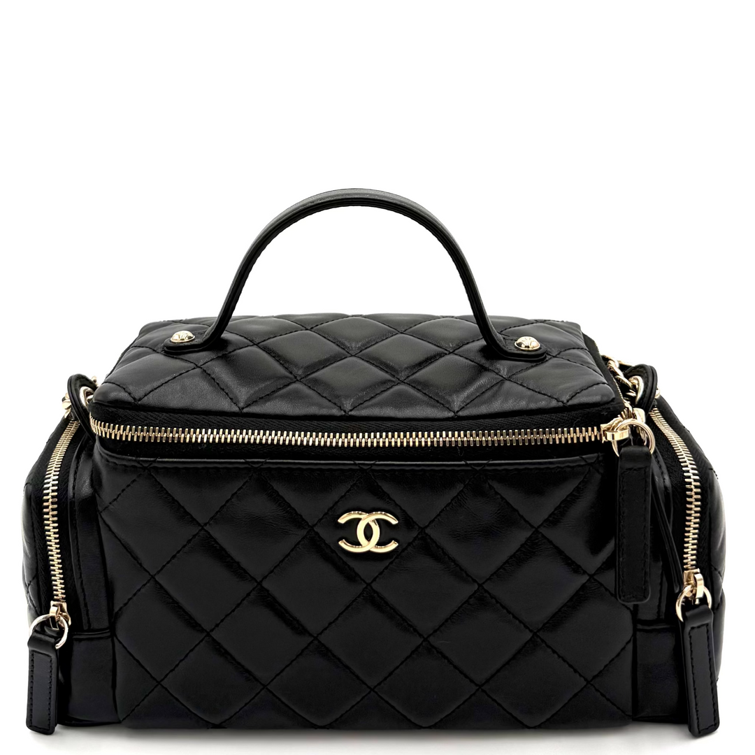 Multi Pocket Top Handle Lambskin Leather Vanity Bag