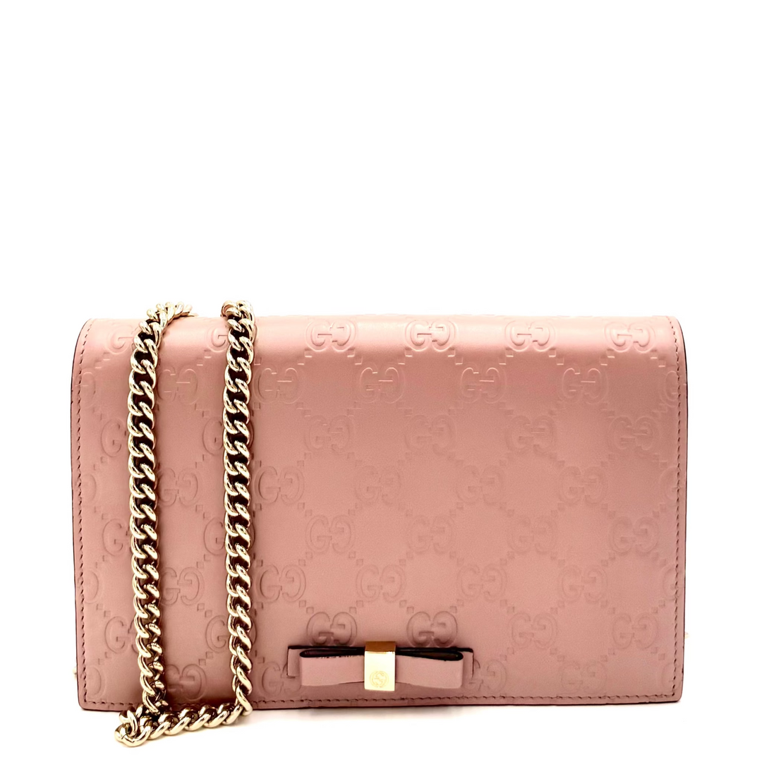 Pink Guccissima Leather Bow Flap Wallet on Chain