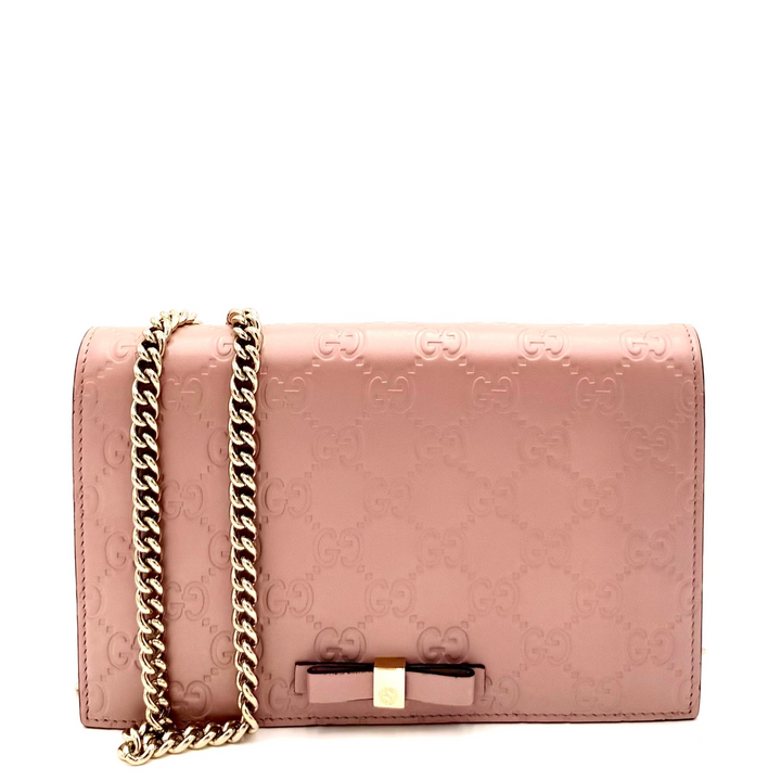 Pink Guccissima Leather Bow Flap Wallet on Chain