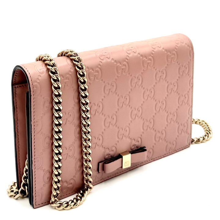 Pink Guccissima Leather Bow Flap Wallet on Chain
