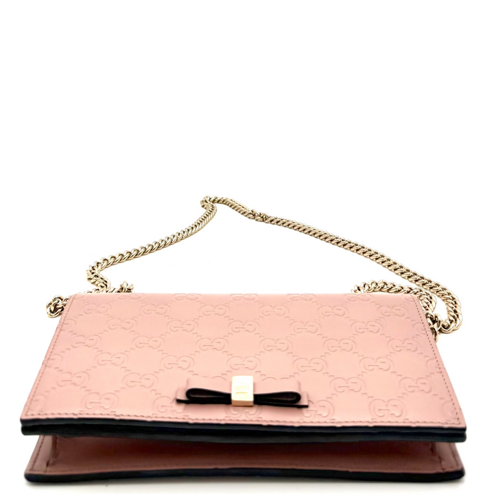 Pink Guccissima Leather Bow Flap Wallet on Chain